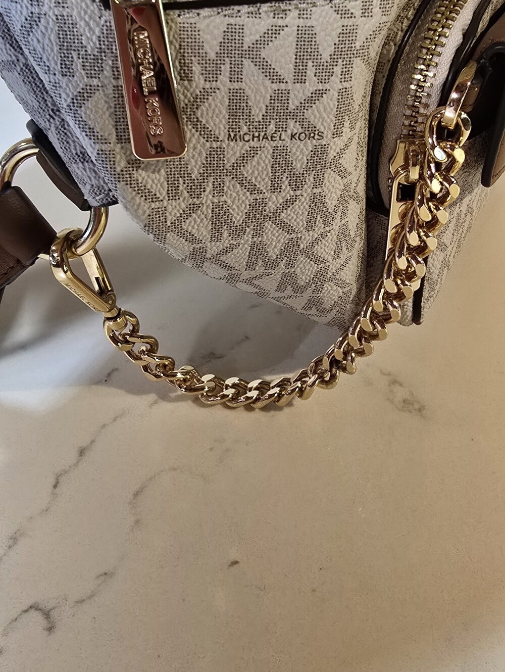 Michael Kors Beige/White MK Signature Crossbody with Brown Leather Flap - Picture 4 of 10